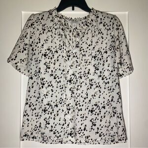 Nine West Cream with Black and Brown Animal Like Print Tie Front Ruffle Neck Top